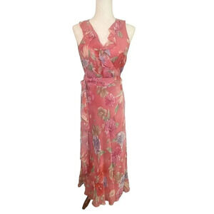 Lauren Ralph Lauren 100% Silk Dress Womens 4 Pink Floral Flounce Maxi Wrap Y2K